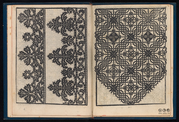 Le Pompe (1550) - quyển sách đầu tiên mô tả những hoa văn trên chất liệu vải ren cổ xưa